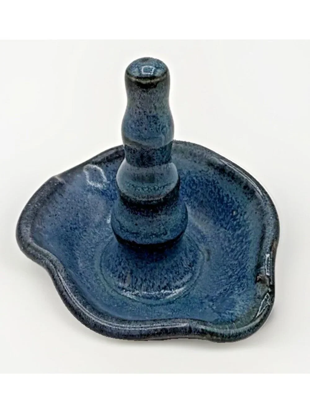 Vintage Studio Pottery Ring Holder Dish Blue Gray Glazed Ruffled Edge Signed